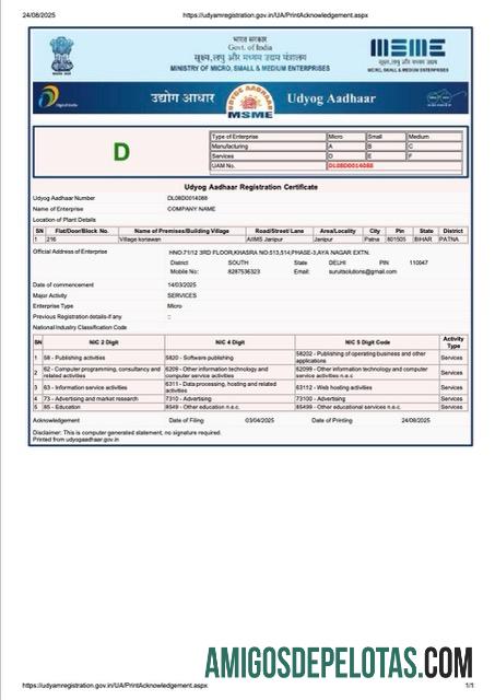 Certificado de registro em branco da Índia Udyog Aadhaar no modo Word e PDF